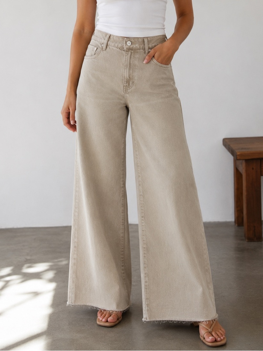 Zara Beige Wide-Leg High-Rise Jeans